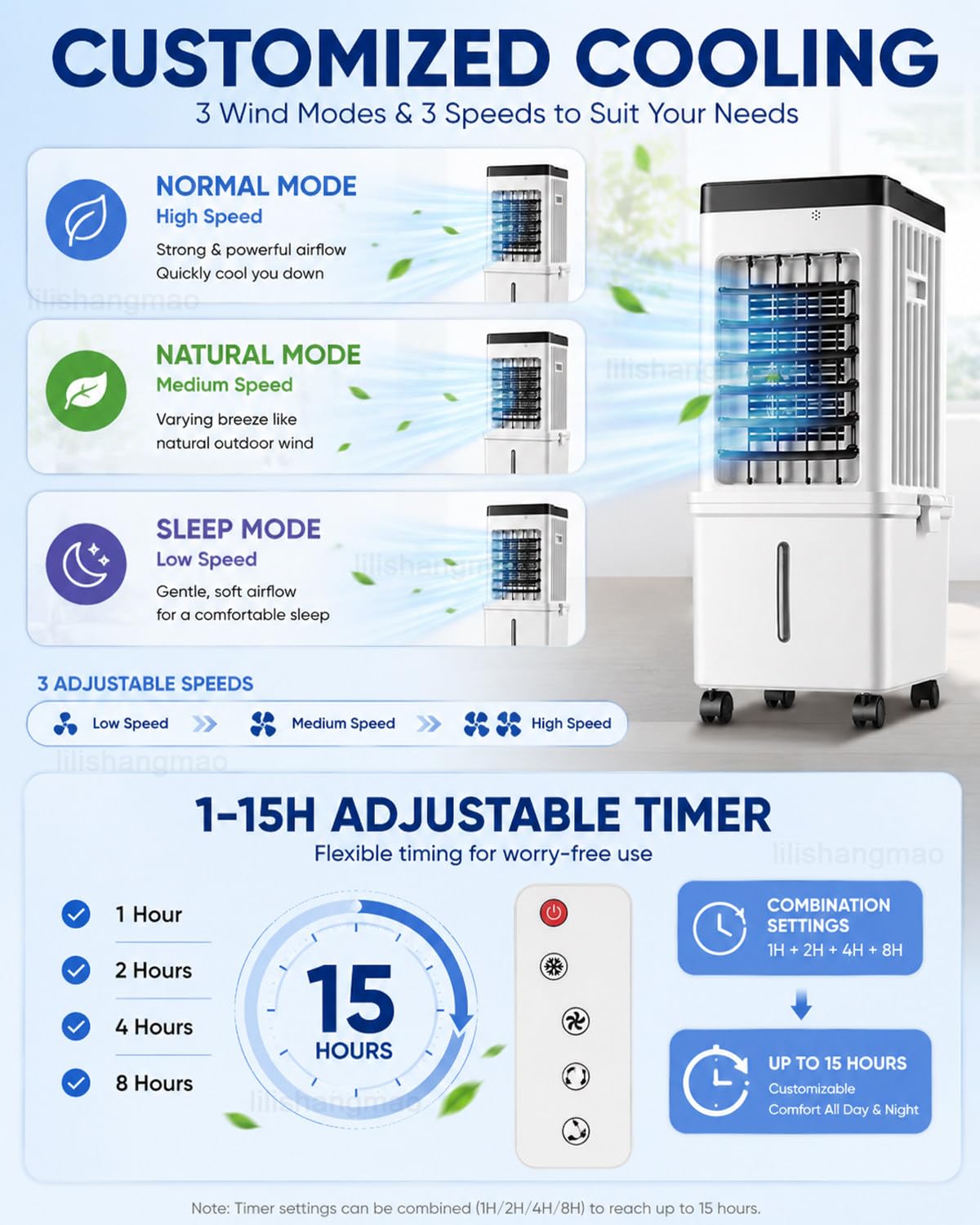 Climatizador Portátil 3 En 1, Aire Acondicionado Sin Tubo con Depósito 15L, 4 Acumuladores De Frío, Mando A Distancia, Panel Táctil, Temporizador 15h, 3 Velocidades para Oficina