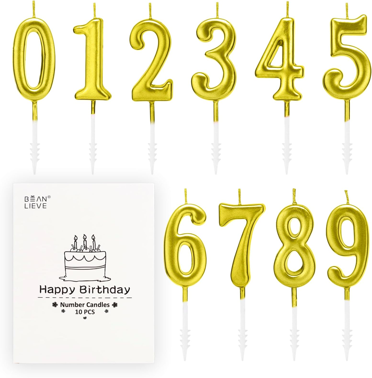 Beanlieve 10-Pieces Numeral Birthday Candles - Cake Numeral Candles Number 0-9 Glitter Cake Topper Decoration for Birthday,Wedding anniversary,Party Celebration (Gold)