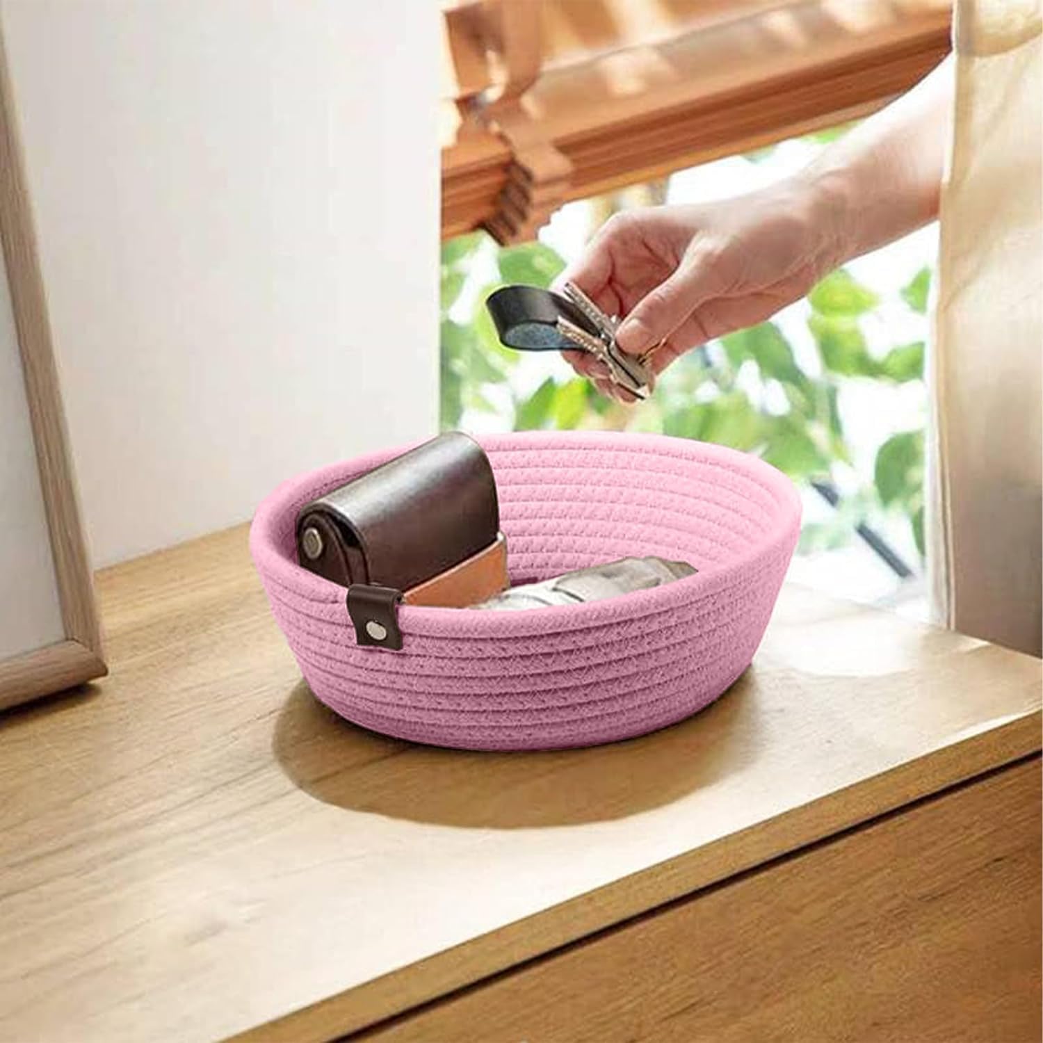 TRENDOZE 100% Natural Jute small box mini rope paper storage Round hamper baby nursery tray bucket for Living Kitchen, Office, Drawing Room,fruits, kitchen, office, Set of 3 (PINK) 2