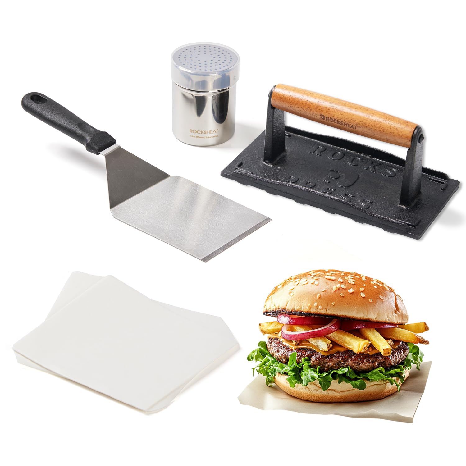 ROCKSHEAT 4PCS Smash Burger Press Kit, 8"X4" Rectangular Cast Iron Smash Bacon Press, Spatula, Seasoning Shaker and Patty Papers, Food-Grade Griddle Press Set for Outdoor Grilling and Tailgates