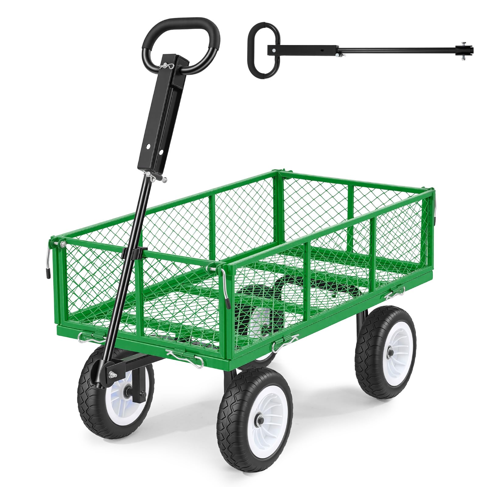 VEVOR Chariot de Jardin en Acier Max. 408,2 kg Chariot de Transport de Jardin pour Bois Terre Débris, Côtés Amovibles, Pneus PU Increvables 25,4 cm, Poignée Réglable, Compatible Quad Tracteur, Vert