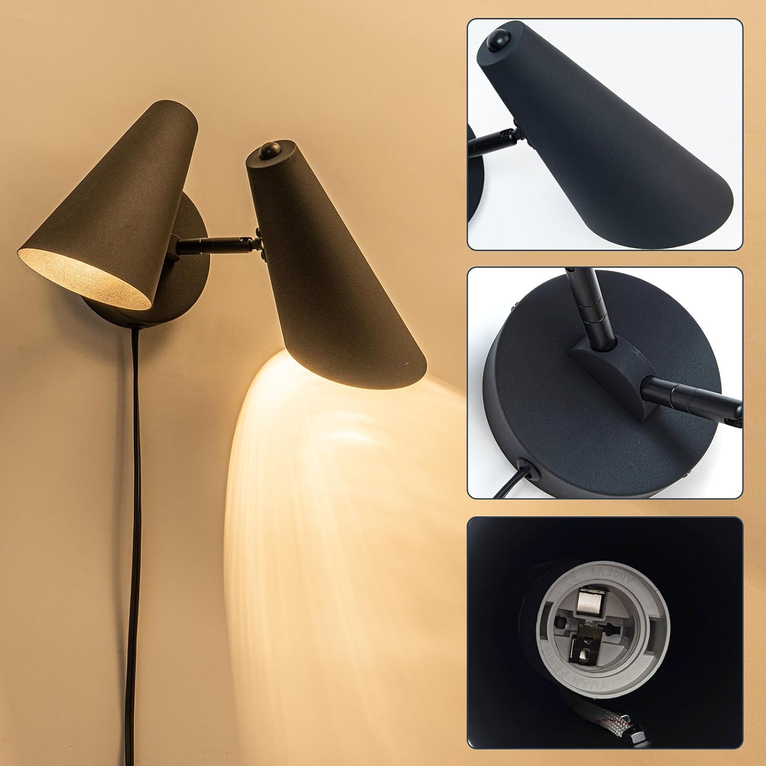 2-Light Plug in Wall Sconce, Matte Black Modern Vanity Light Wall Lamp with Rotatable Lampshade Picture Light for Bedroom Living Room Bathroom Foyer