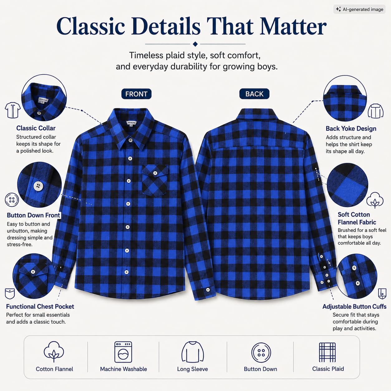 Bienzoe Camisa con botones para niños: camisas de franela de manga larga a cuadros para niños