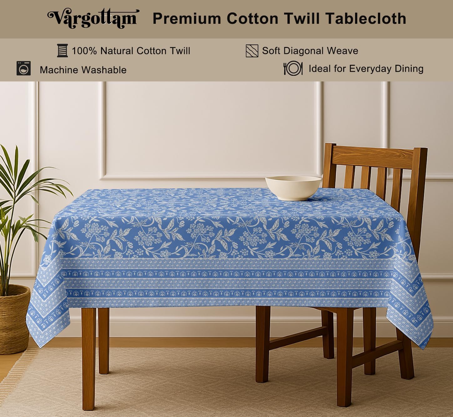 Leaves Design Tablecloth- Blue 60x60 Inch Cotton Twill Dining Table Cover, Perfect for 4 Seater Tables, Durable, Protective & Washable, Ideal for Everyday Use, Festive Occasions & Gatherings