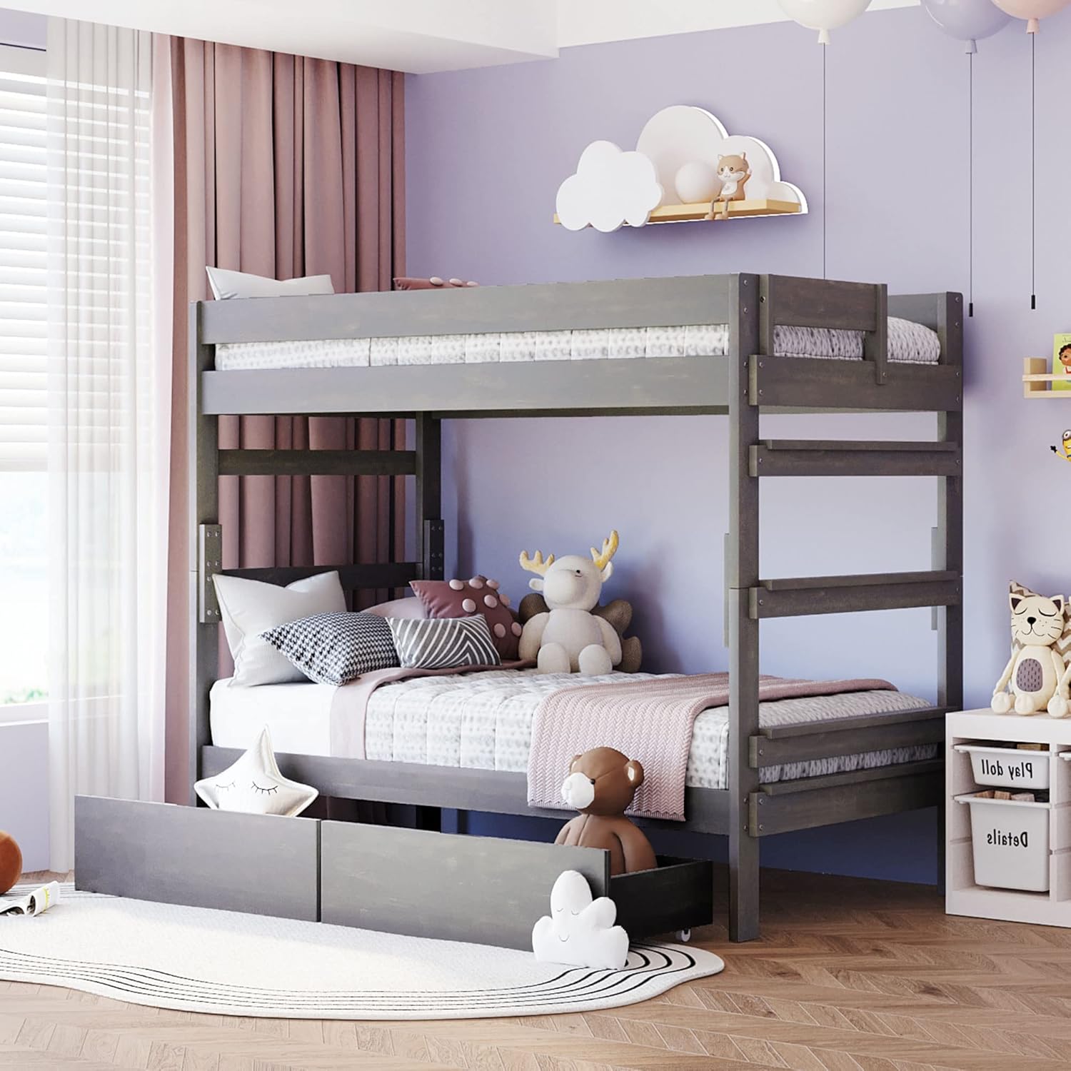 DEINPPA Twin Over Twin Detachable Bunk Bed with Stair and 2