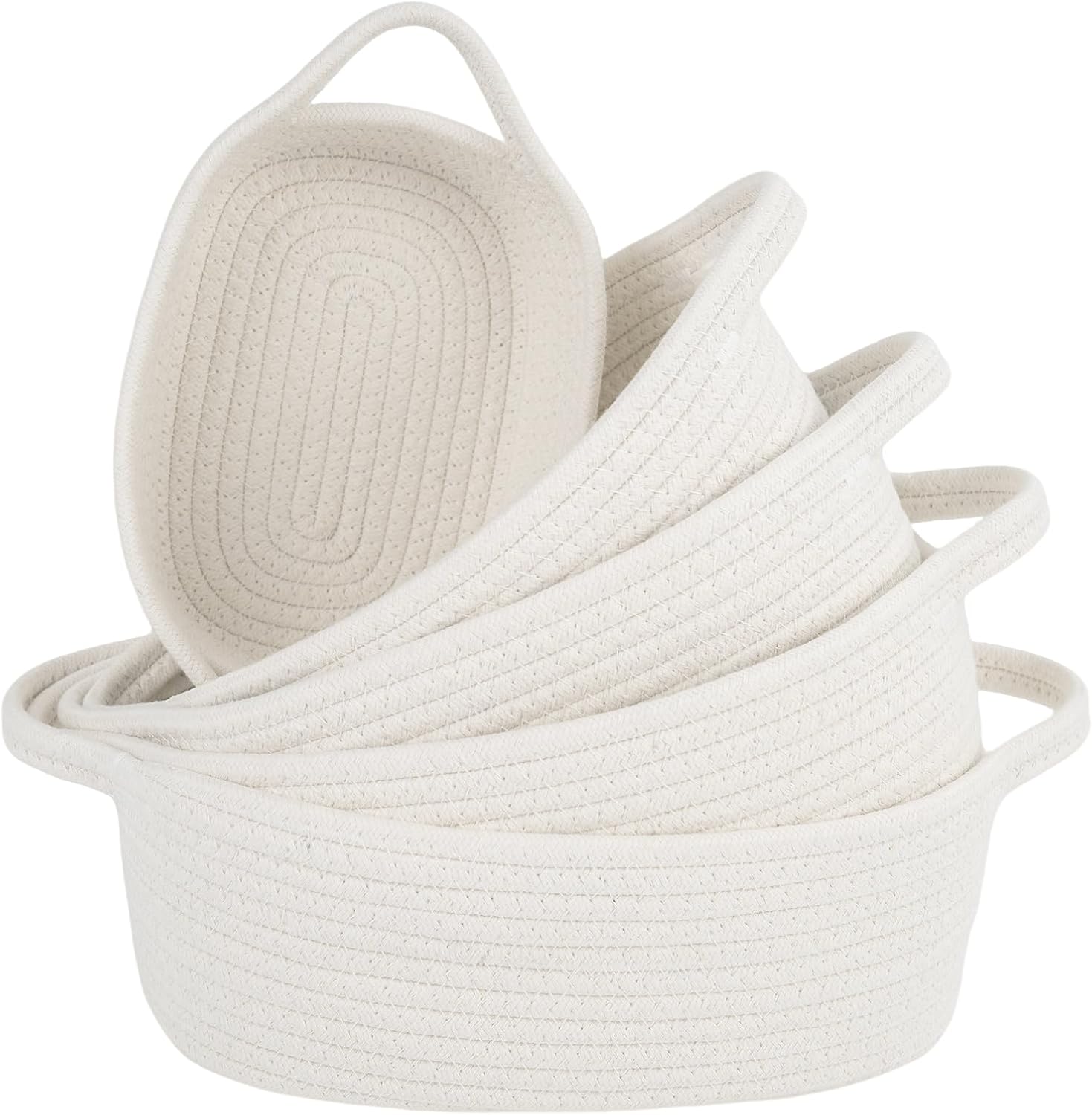 5-Piece Storage Shelf Basket Set, Natural Cotton Rope Woven Basket with Handles, Decorative Rectangle Organizer Bin for Home, Nursery, Montessori, Pet Toy Storage and Bathroom Organization, White Off-White 12.1"L × 8.9"W × 4.5"H - Image 1 of 9