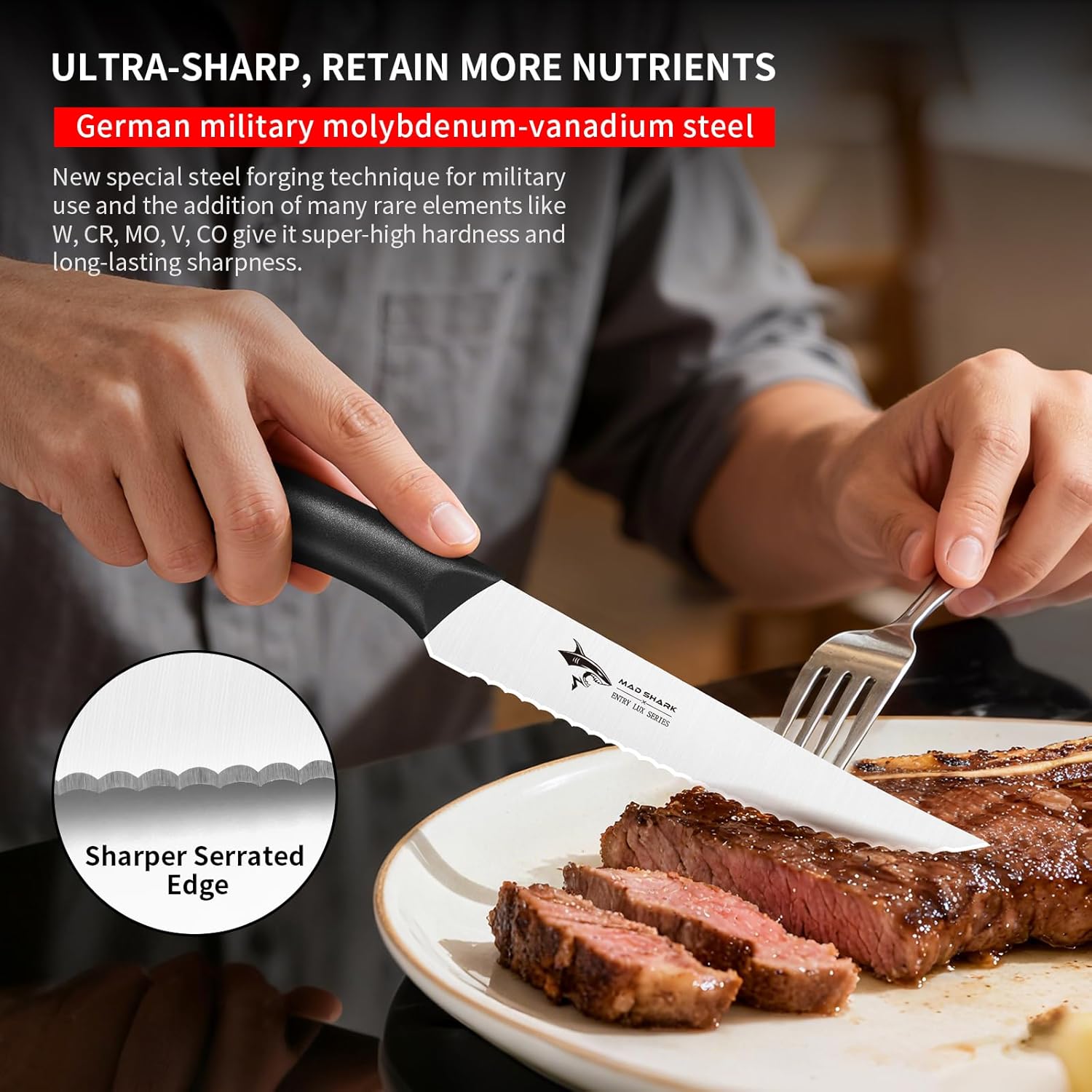 MAD SHARK Premium Steak Knife Set of 4, 4.5-inch Serrated Knives, High Carbon German Stainless Steel, Triple Rivet Construction, Perfectly Packaged in a Gift Box (Steak Knives Set of 4)