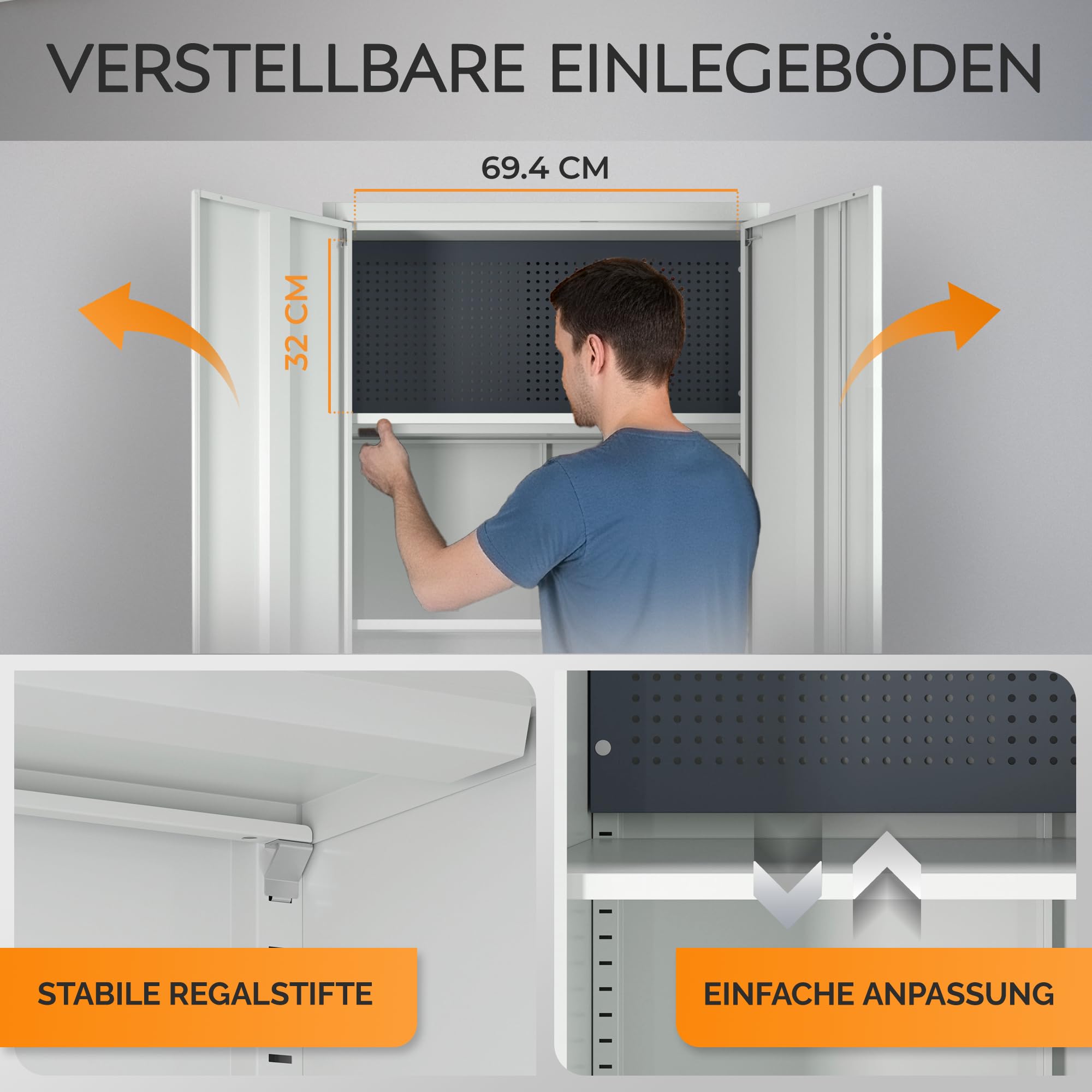 Aktenschrank – Metallschrank, Büroschrank mit Schloss & Steckwand – Werkzeugschrank, Aufbewahrungsschrank mit stabilem Stahlgehäuse & Magnettüren – Mehrzweckschrank für Büro, Werkstatt, Garage (Grau)