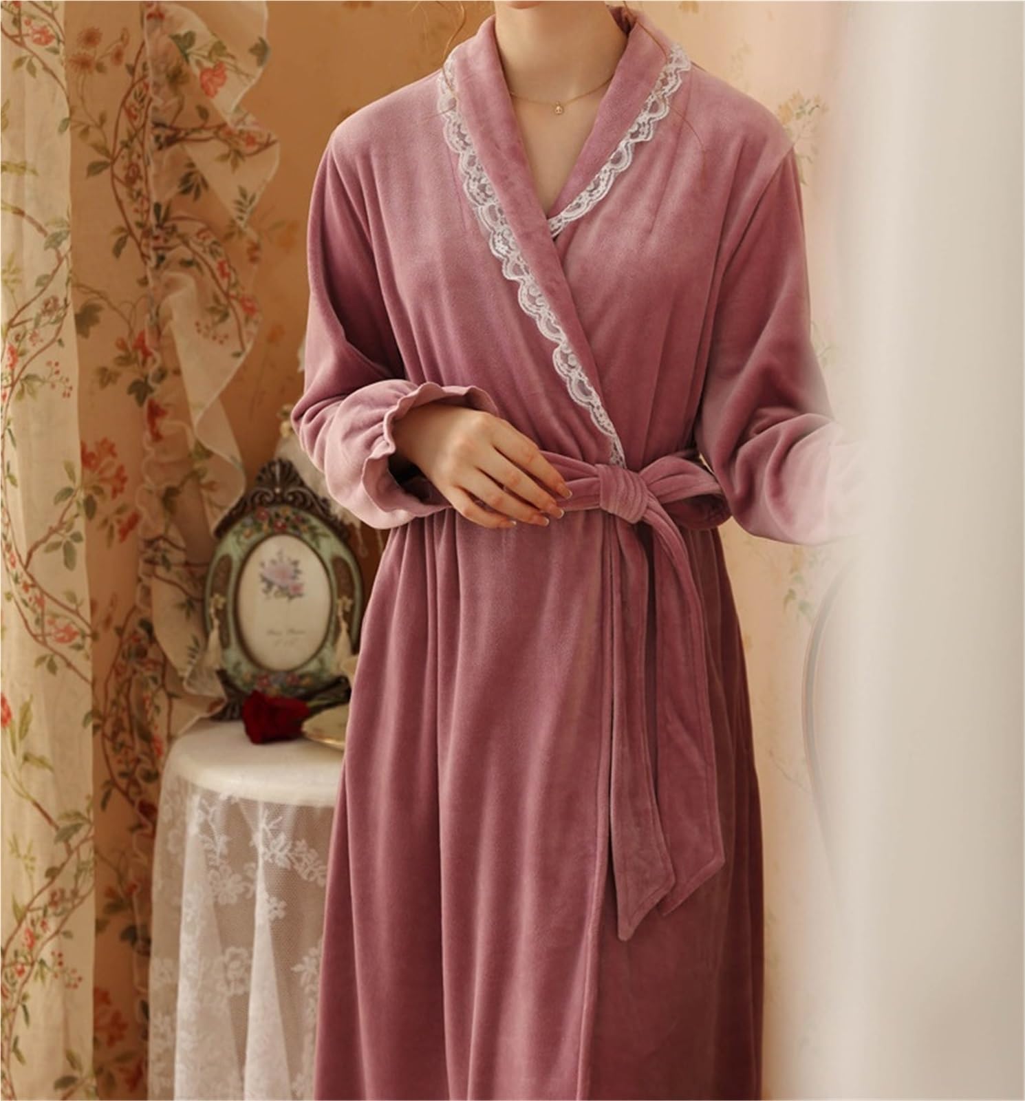 Albornoz Ducha Bata con Volantes For Mujer, Albornoz Largo Suave De Felpa, Lana Cálida, Camisón For Niñas Accappatoio para Viajes(Purple,Large)