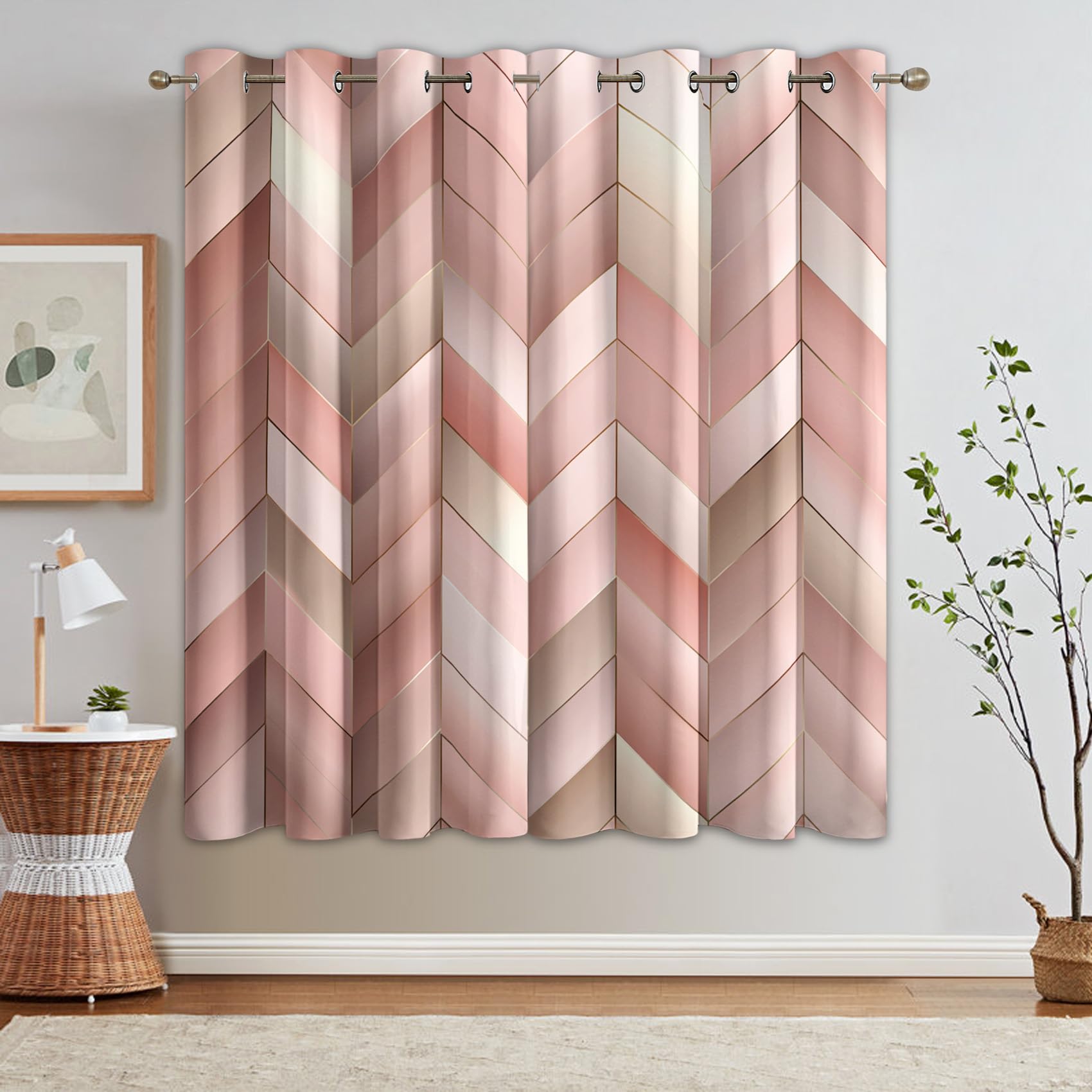 Nowoczesne geometryczne różowe zasłony zaciemniające w jodełkę 2 sztuki 140 x 180 cm stylowe zasłony okienne do sypialni i salonu z przelotkami u góry S&K114
