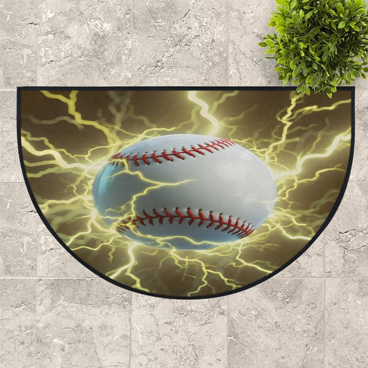 Große halbrunde Fußmatte – Baseball Lightning rutschfest, saugfähig, halbrund, Eingangsbereich, niedlich, weich, halbrund, waschbar, Teppich für Küche, Badezimmer, Schlafzimmer, 160 x 100 cm