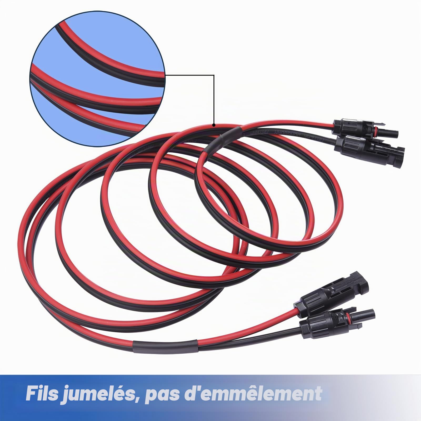 Câble Solaire 15 mètres 6 mm², Tresse en cuivre avec connecteurs Femelles et mâles, pour systèmes solaires domestiques, Professionnels et Camping-Cars, câble d'extension.