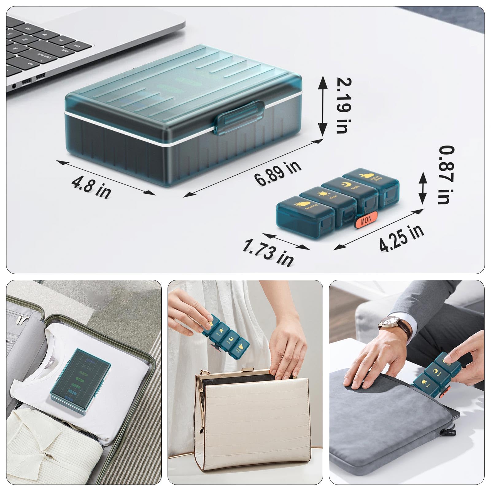 Tygodniowy organizer na tabletki 4 razy dziennie, duże przegródki, pudełko na tabletki, 4 x 7 dni, organizer na leki, tabletki, witaminy, oleje rybne, leki, suplementy, niebieski