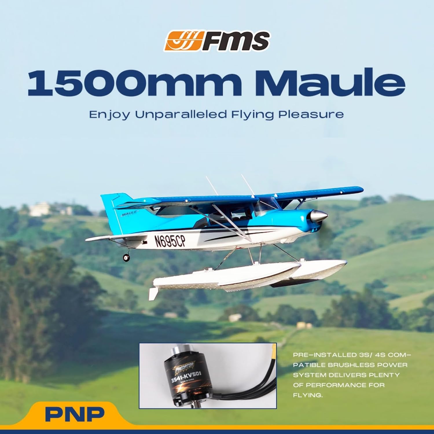 Promotional image showing the FMS 1500mm Maule with an inset of the pre-installed brushless motor