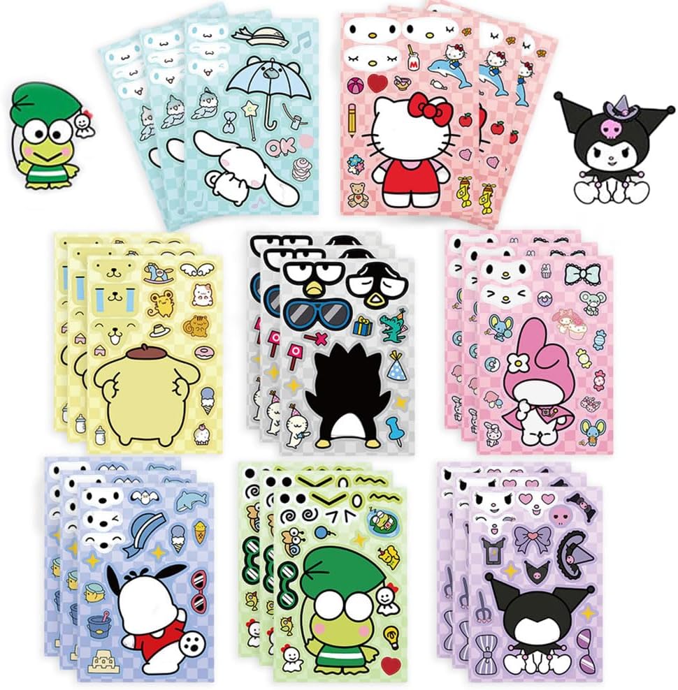 24Pcs Cute Anime Stickers, Mixed & Matched with 8 Designed Cartoon Sticker (3 of Each) for Party Decoration, Reward, Decor, Gift Idea