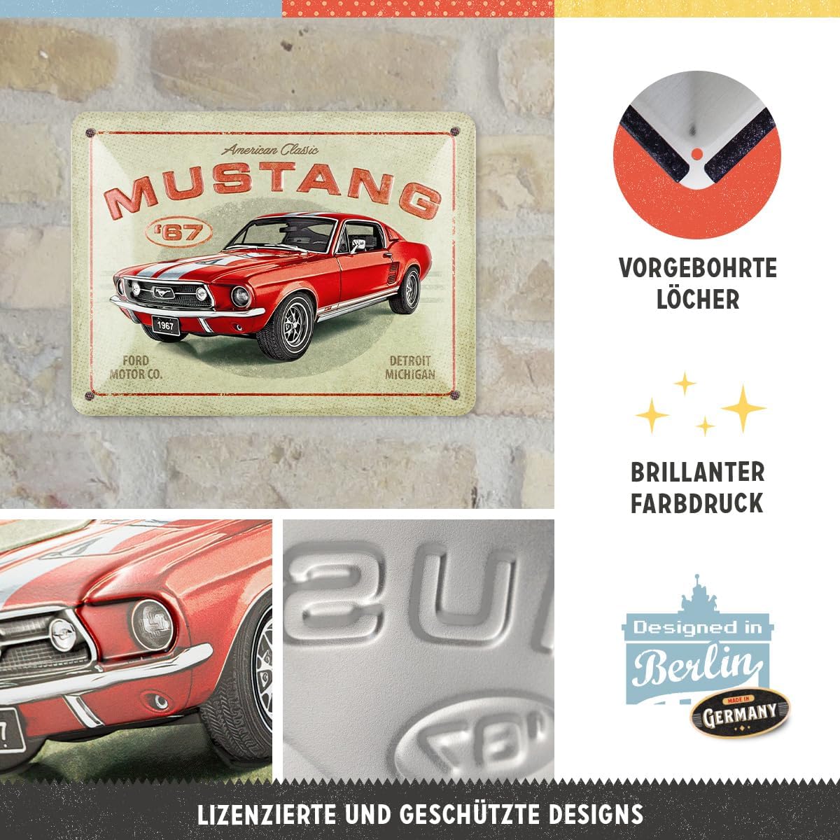 Nostalgic-Art Retro tabliczka z blachy, 15 x 20 cm, Ford Mustang – GT 1967 Red – Pomysł na prezent dla miłośników Forda, Official License Product (OLP), z metalu, Styl vintage