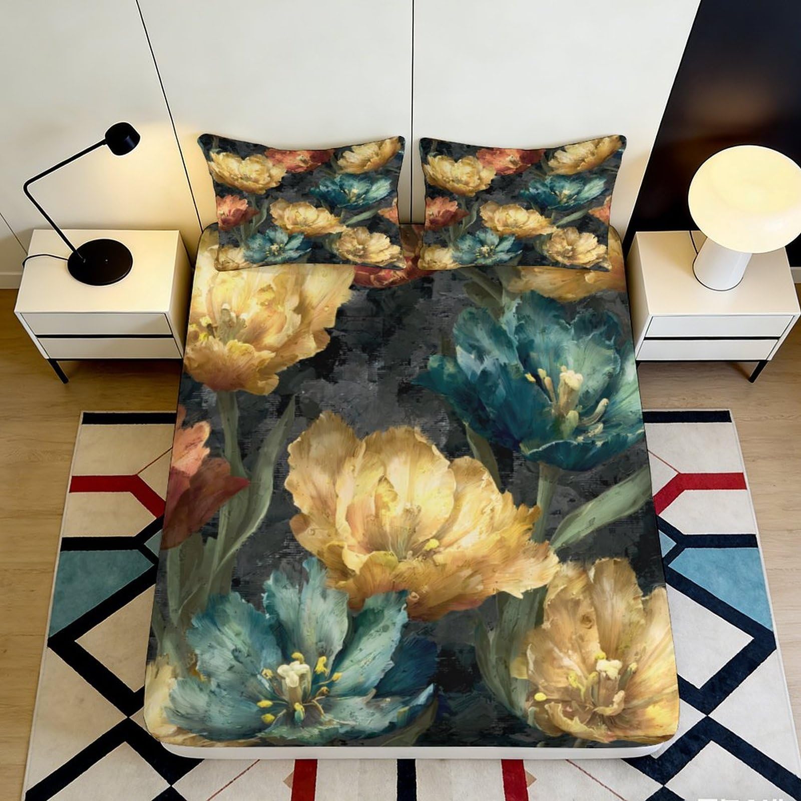Jqzkxnhpbr Style-2 3D Printed Vintage Floral Fitted Sheet Microfiber Soft Breathable Abstract Blossom Mattress Cover For Bedroom Guest Room Decor 90X200x25cm