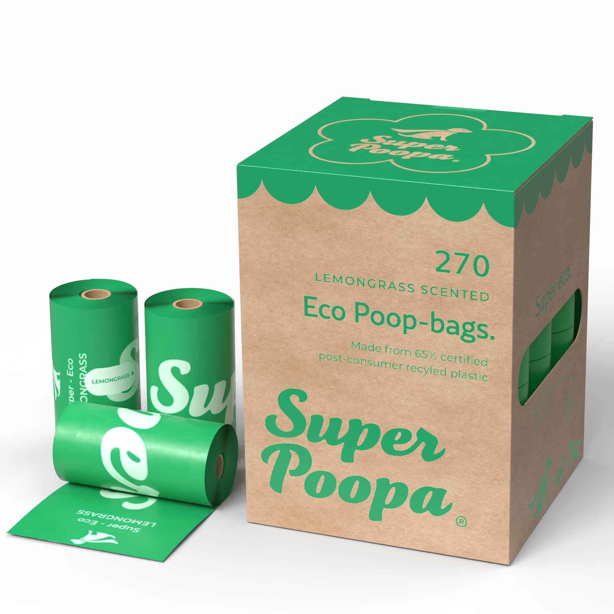 Super Poopa Eco-Friendly Dog Poop Bags, Guaranteed Leak-Proof, Extra Thick & Strong Dog Waste Bags, Lemongrass Scented