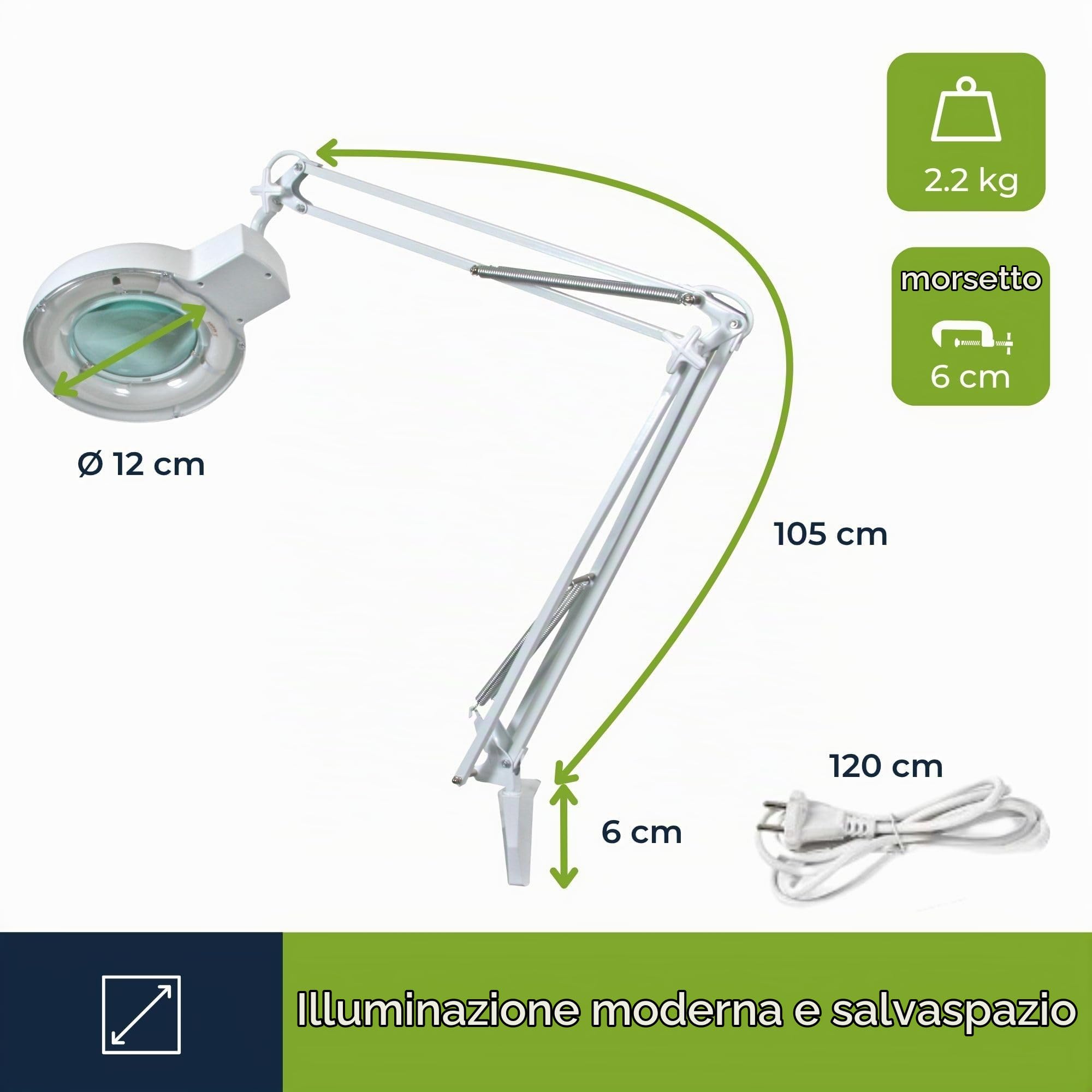 Velleman Lampada con lente e morsetto, 22 W con braccio orientabile, ingrandimento 3x, lente in vetro 8 diottrie 120 mm, per lettura, diamond painting, hobby e lavori di precisione, bianca