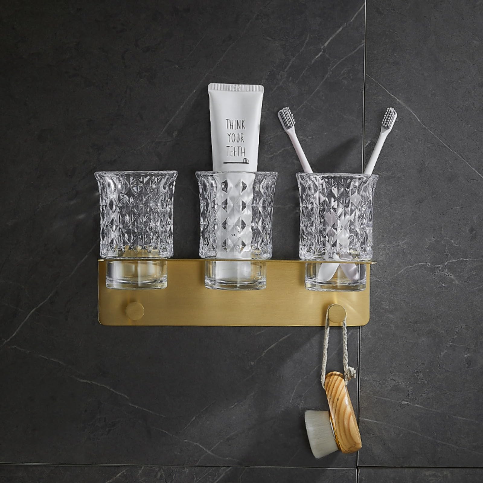 YRUIIA Portaspazzolino Doppio In Ottone Con 2 Bicchieri In Vetro - Set Accessori Bagno Moderno, Nero Opaco, Facile Installazione - 3