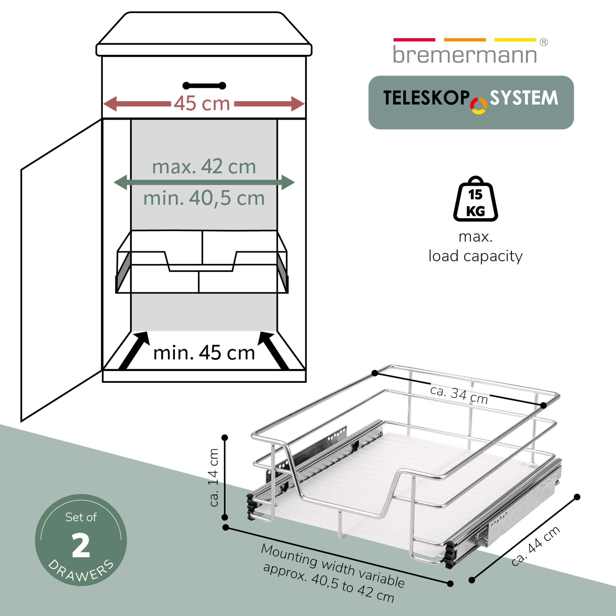 bremermann Set di 2 cassetti telescopici - 45 cm con ripiano, cassetto da cucina per installazione successiva, estrazione completa con guide telescopiche, ideale per cucina, bagno e camera da letto