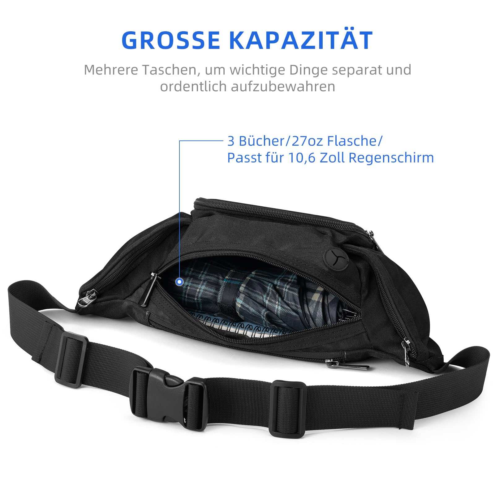 Bauchtasche für Herren und Damen, Gürteltasche mit Flaschenhalter Gurt Verstellt Hüfttasche mit 6 Reißverschlusstaschen für Wandern Hundespaziergänge Joggen Radfahren Reisen Laufen, Schwarz