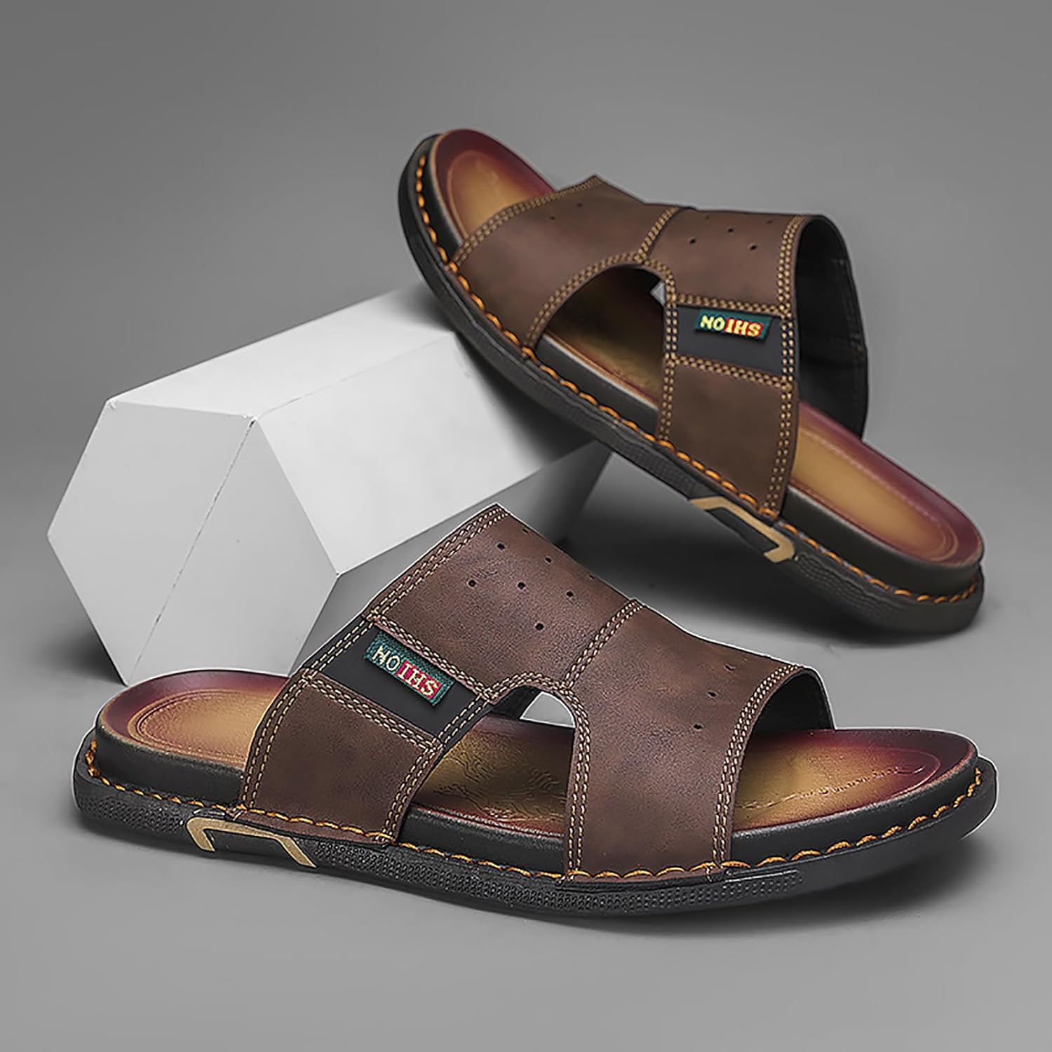 Men's Leather Slip On Slides Sandals Lightweight Comfortable Open Toe Hand Stitched Soft Sole Casual Slippers Summer Anti-Slip Walking Beach Sandals - Image 7