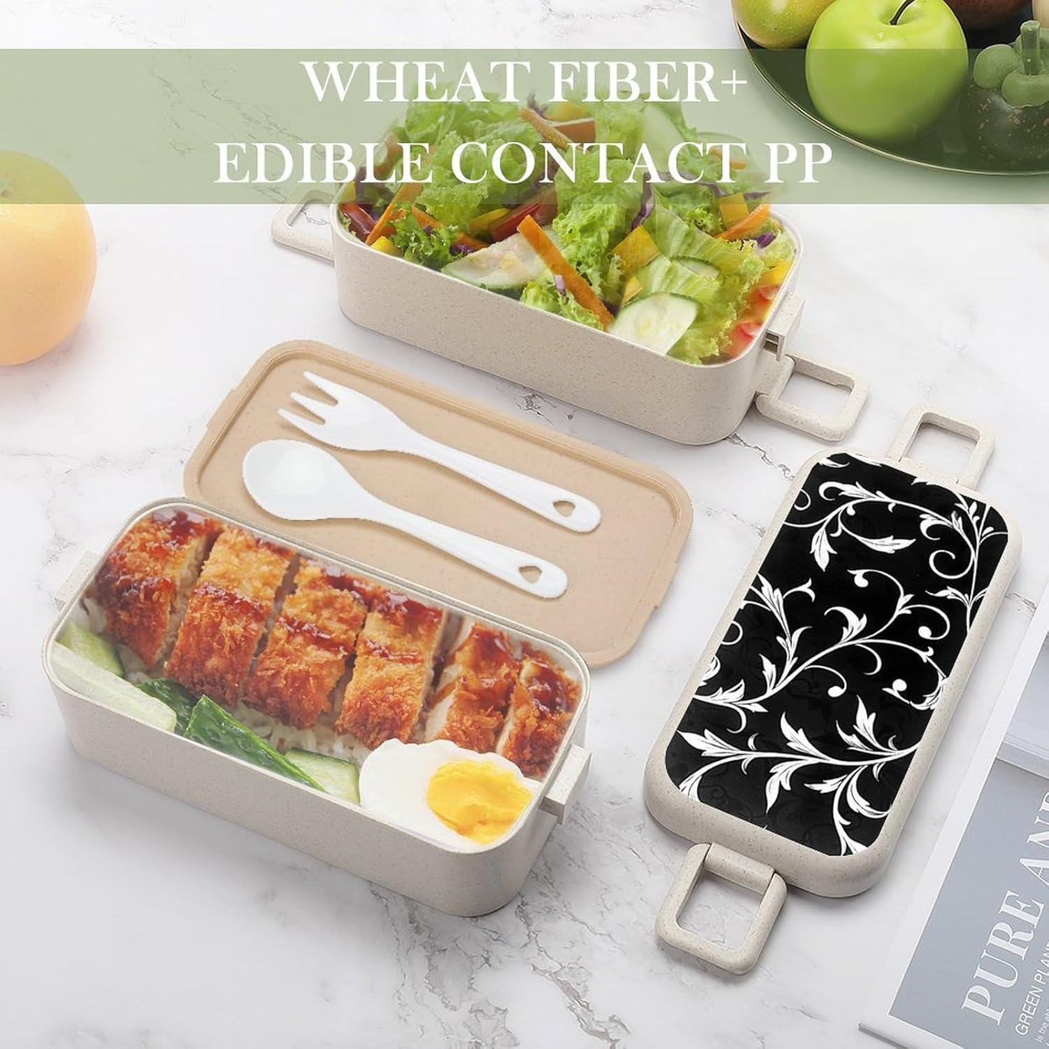 Lunch Box Bento Premium White Leaf Swirl Printed Bento Box Bento with Spoon And Fork with Compartment Containers Suitable for Men And Women, style