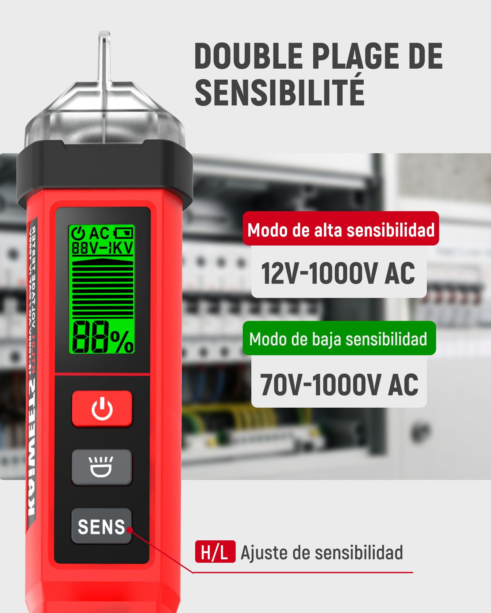 KAIWEETS Detector de Voltaje NCV, Probador de Voltaje 12-1000V / 70-1000V AC con Pantalla LCD, Indicador de Señal, Alarma Sonora y Linterna LED, Buscapolos Eléctrico Certificado ETL CAT IV