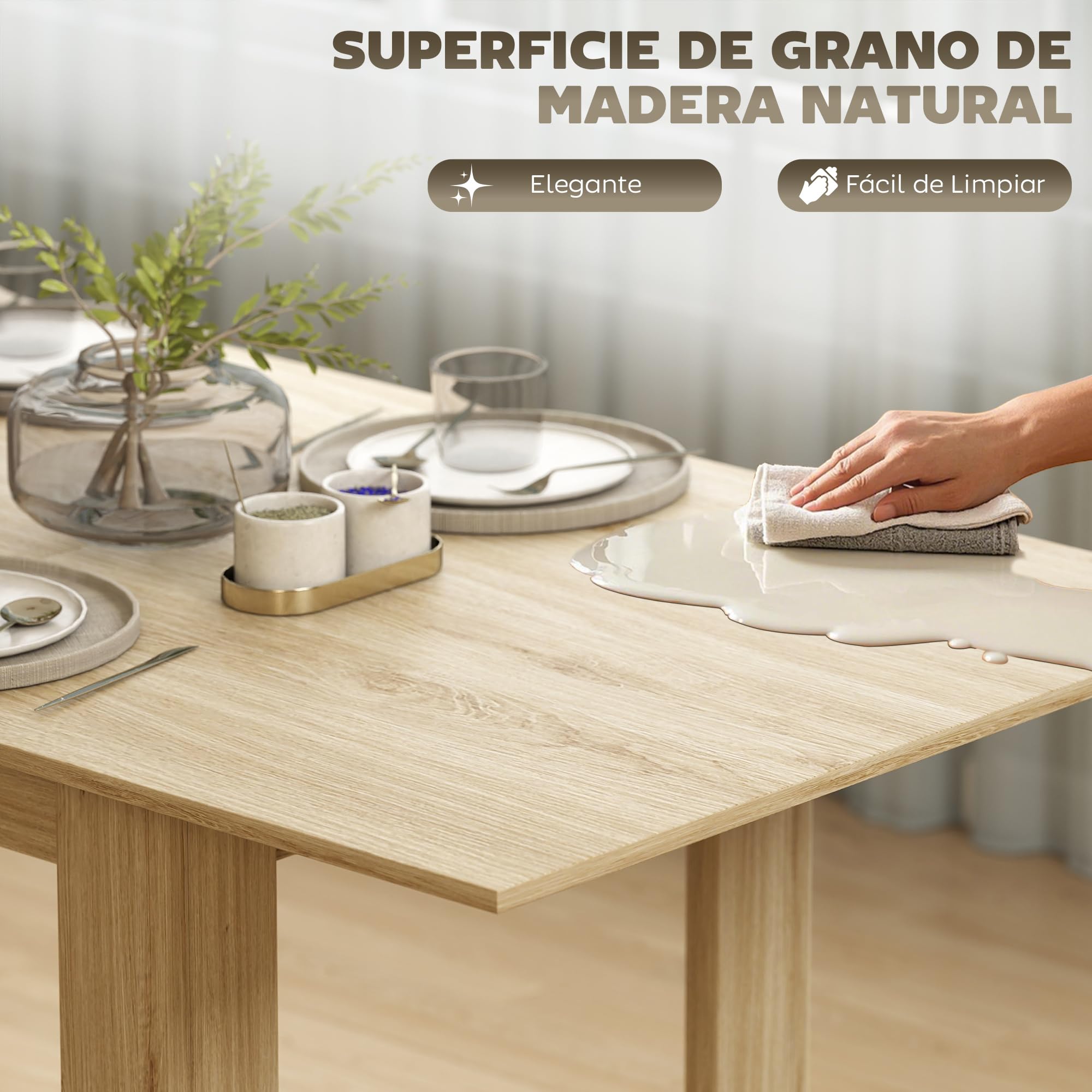 HOMCOM Mesa de Comedor Extensible 140-180x90x75 cm Madera Natural | de 140 a 180 cm, Mesa de Cocina Extensible Rectangular, para 6-8 Personas, para Salón