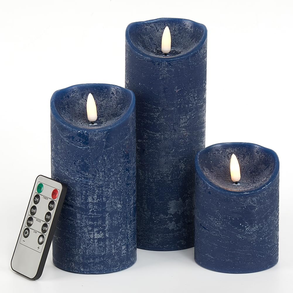 Flameless Candles with Remote LED Candles Set of 3, Battery Operated Candles for Party Home Wedding Holiday Birthday Decor (H 4" 6" 8" x D3) (Navy Blue)