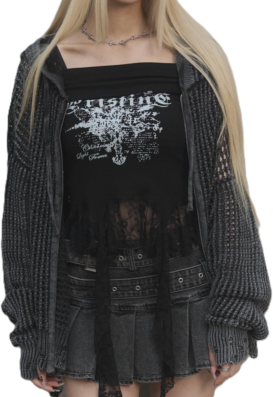 [ウィゴー] Figments ブロック メッシュ ニット ZIP パーカー レディース