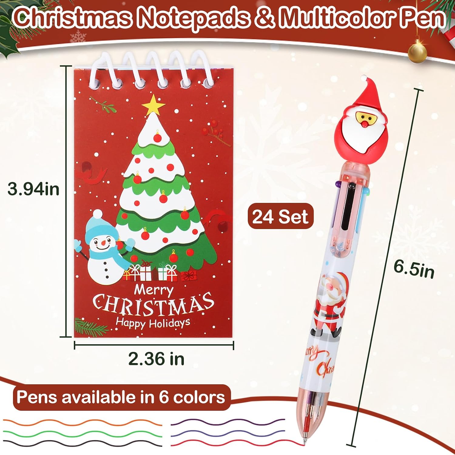 SAYAYA 24 Set Christmas Mini Notepads Bulk with 6-in-1 Ballpoint Pen, Christmas Spiral Notebooks Retractable Pen Holiday Xmas Gifts for Stocking Stuffers Party Supplies