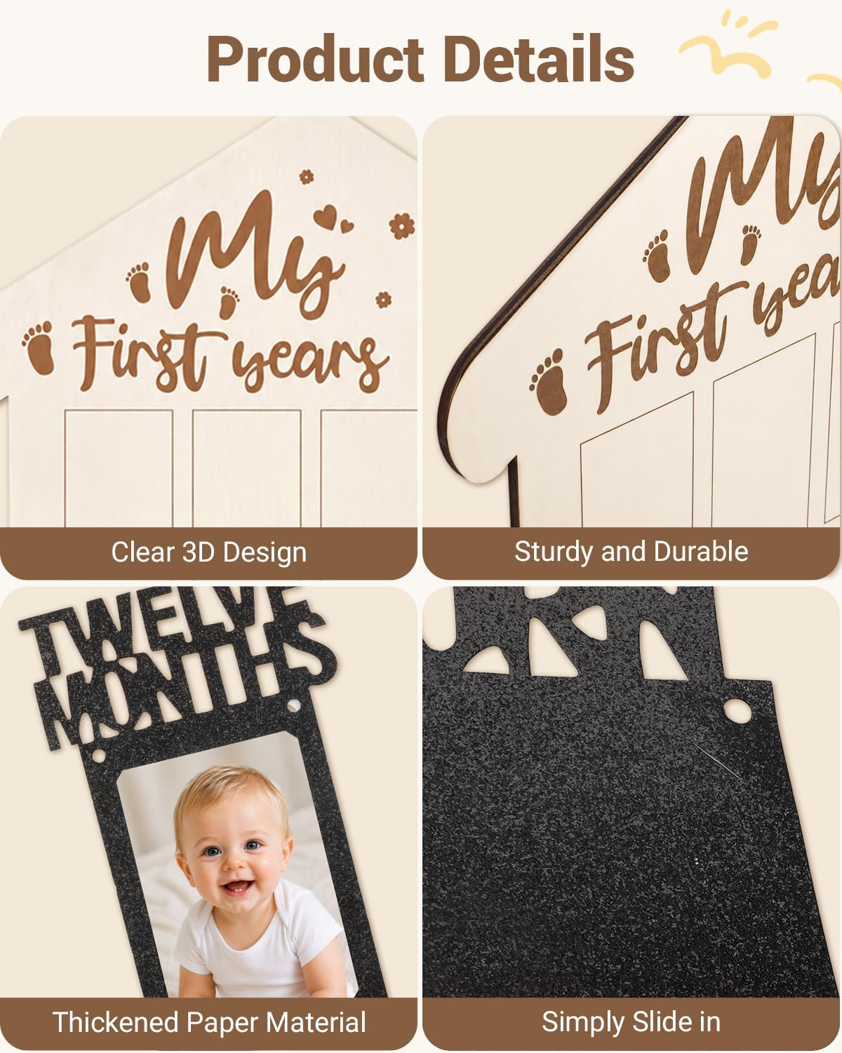 My First Year Birthday Decorations Board, Monthly Milestone Wood Photo Board for 1st Birthday, 12 Months Photo Banner from Newborn to 12 Months for Boy or Girl