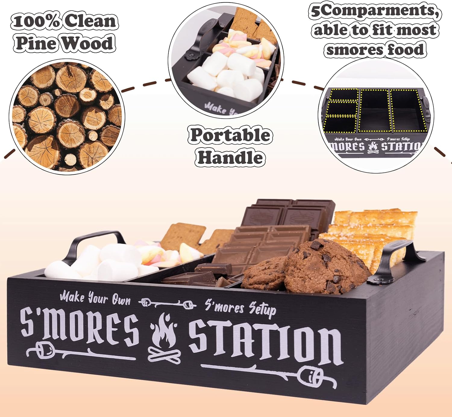 Extguds S'Mores Station with Cutout Handles,Sets:1 Smores Caddy+4 Roasting Sticks,for Fire Pit,Perfect for Party, Outdoor Camping and Bonfires,Wooden,Rustic (Black)