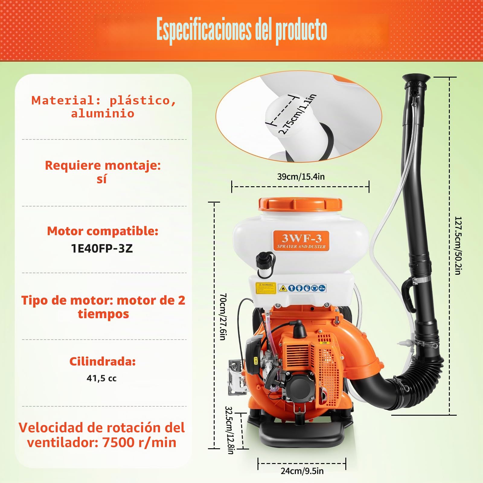 Motor de Pulverización de Gasolina para Espalmar en la Espalda 14L 2 Tiempos 2 13kW 2130W 7500 rpm 7500 U/min Alcance de Pulverización 12m Volumen de Pulverización 4L/min con Palanca de Control para