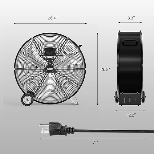 Miniatura 6 de ROVSUN Ventilador de tambor de alta velocidad de 24 pulgadas, ventilador de piso de metal industrial de 9500 CFM con asa, resistente, 3 velocidades,