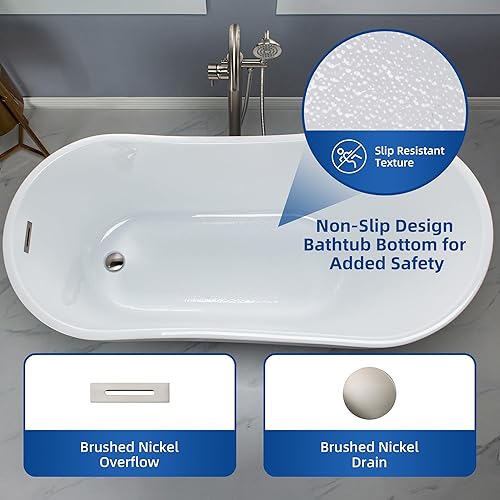Miniatura 10 de WOODBRIDGE Bañera de acrílico independiente de 59 pulgadas, bañera blanca contemporánea con desbordamiento y drenaje de níquel cepillado, B-1530
