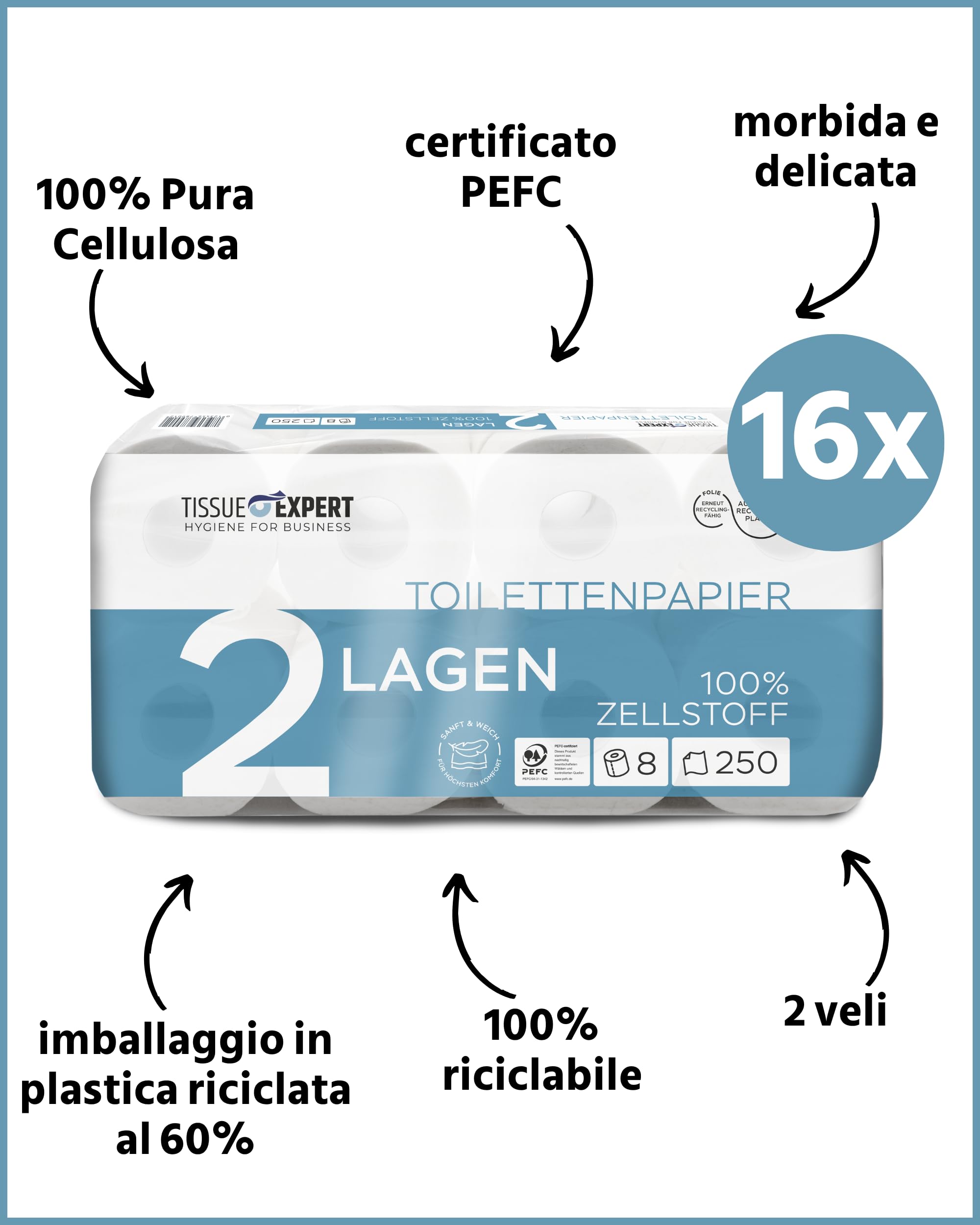 Carta igienica a 2 strati, 128 rotoli x 250 fogli, 100% cellulosa, carta igienica super morbida, confezione grande per uso commerciale, ideale per uso multiuso, imballaggio 60% PCR (128