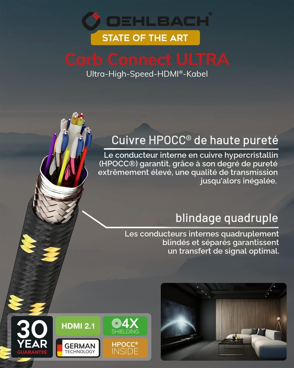 OEHLBACH Carb Connect Câble HDMI 2.1 ultra haute vitesse – 48 Gbps, 8K/60Hz, 4K/120Hz, cuivre HPOCC® monocristallin, contacts plaqués or 24 carats, quadruple blindage, connecteurs entièrement