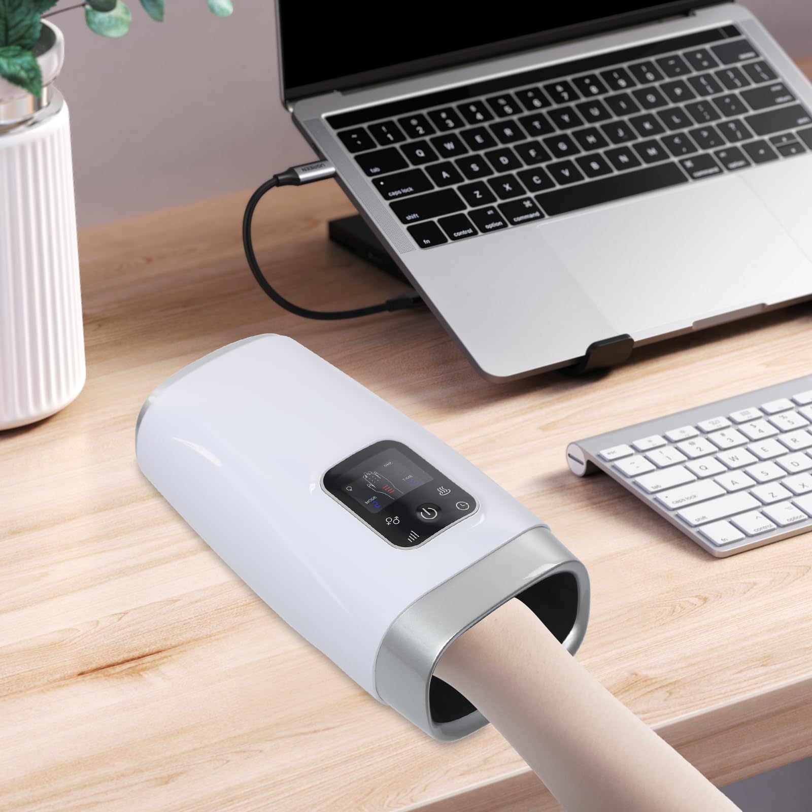 Handmassagegerät mit Luftdruck und Wärmefunktion, 2 Modi & 8 Intensitätsstufen, Timer, wiederaufladbarer Akku, LCD-Display & Typ-C, Gegen Handschmerzen, Gelenkschmerzen, Fingerkribbeln und Müde Hände
