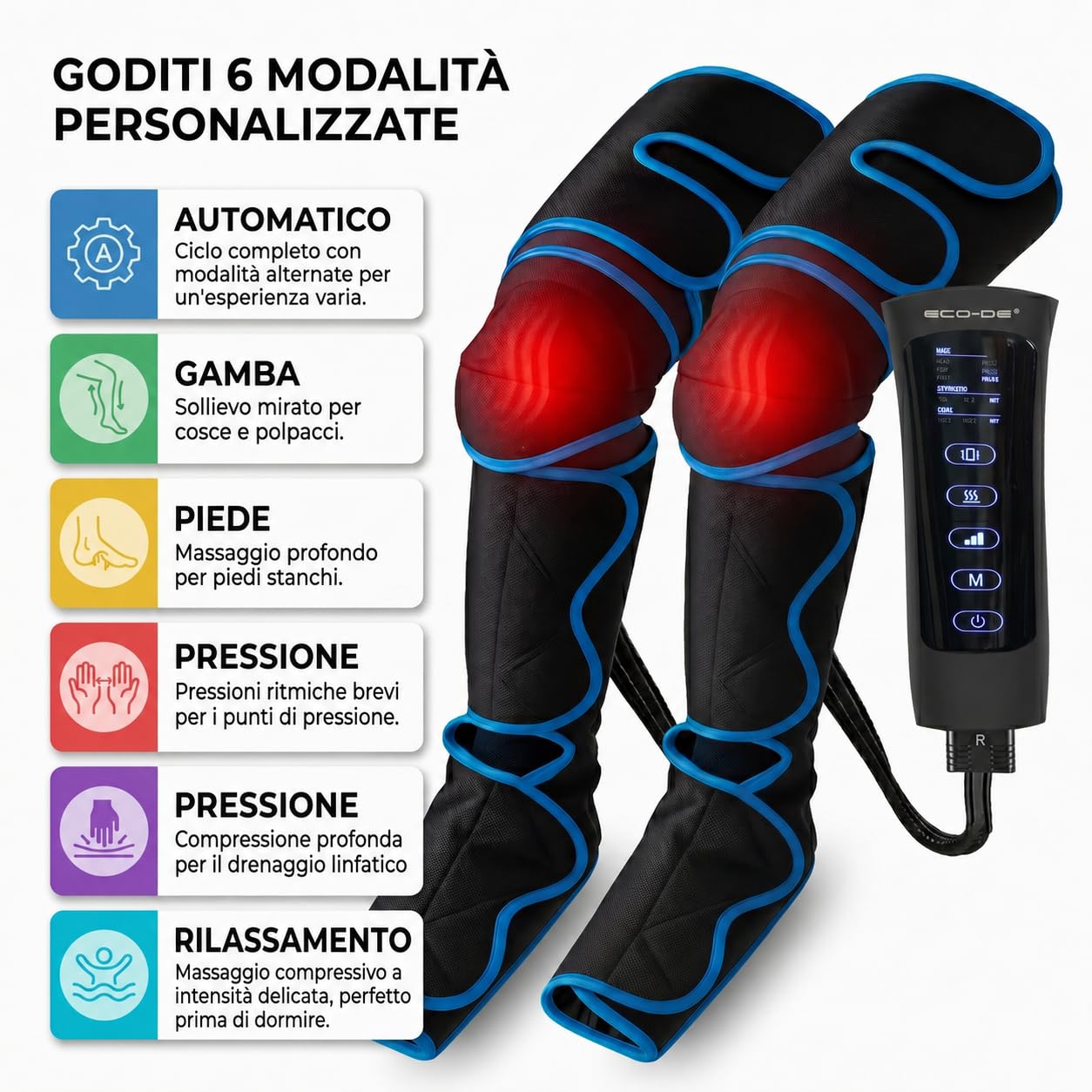 ECODE Pressoterapia Linfodrenaggio Massaggio Linfatico Drenante per Circolazione, Vene Varicose e Ritenzione Idrica Gambe Gonfie, Piedi, Polpacci e Caviglie – Gambali con Massaggiatore Linfodrenante