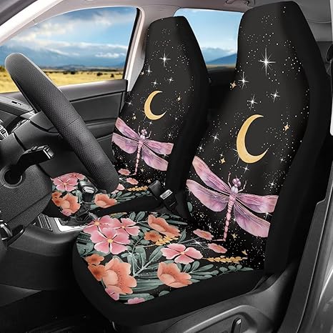 Moon Stars Floral Dragonfly Seat Cover for Women & Men, Universal Fit for Car, SUV, Sedan, Truck - Decor