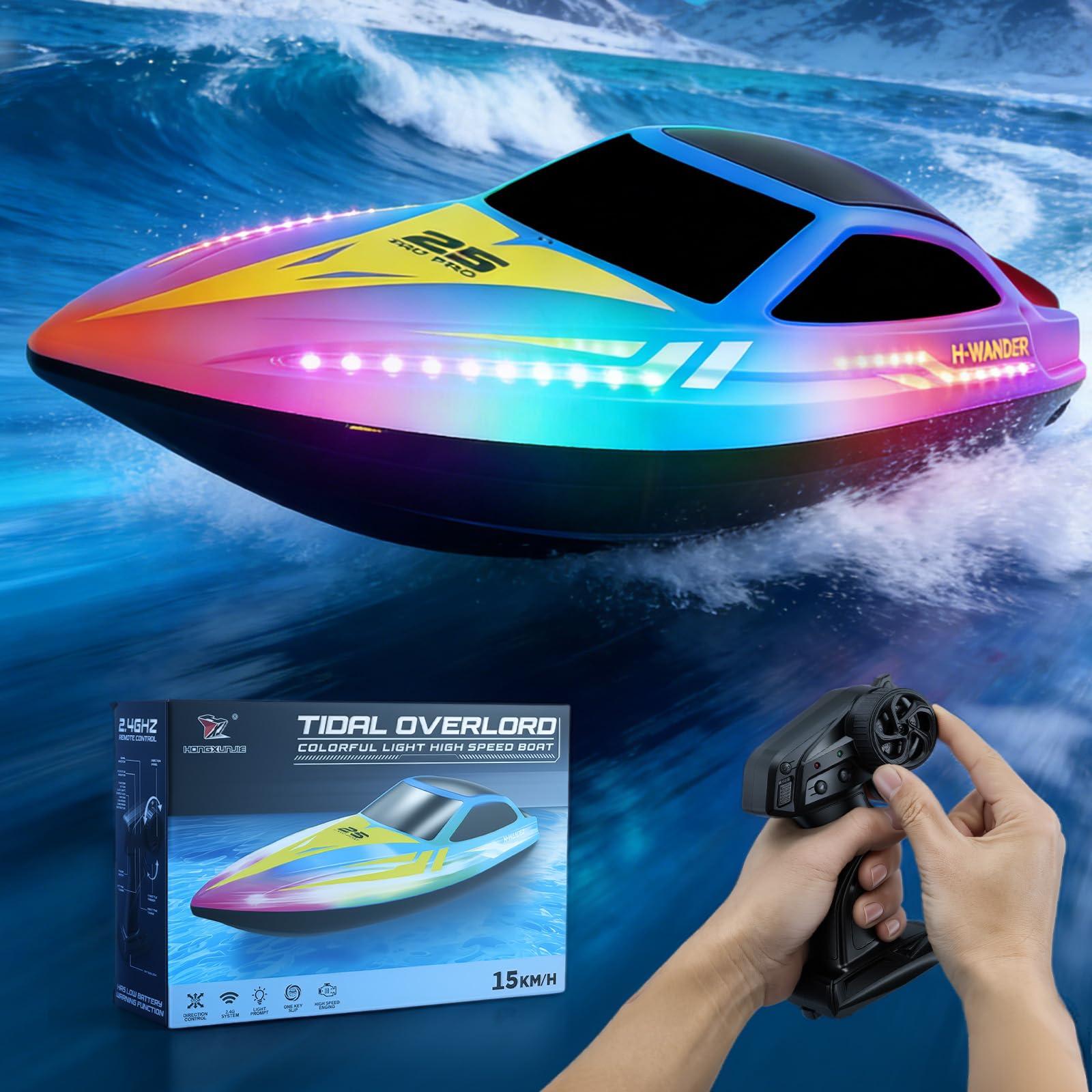 Paquete de 2 botes teledirigidos con luz LED y 2 baterías, 24 km/h, barcos de carreras de 2,4 GHz para piscinas y lagos, juguetes de agua de verano, regalo para niños de 8 a 12 años para piscinas y