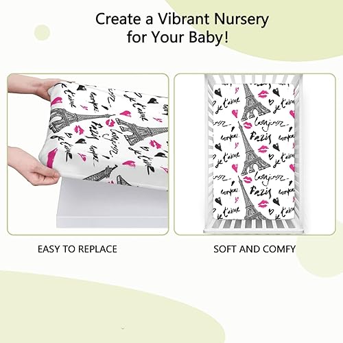 Miniatura 6 de Sábana bajera ajustable para cuna con temática de París, sábana bajera estándar para cuna, material ultrasuave, sábana para cuna para bebé niña o