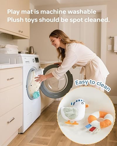 Miniatura 8 de Tapete de actividades de gimnasio para bebé, 5 zonas de desarrollo, tapete de madera con 7 juguetes sensoriales desmontables para habilidades