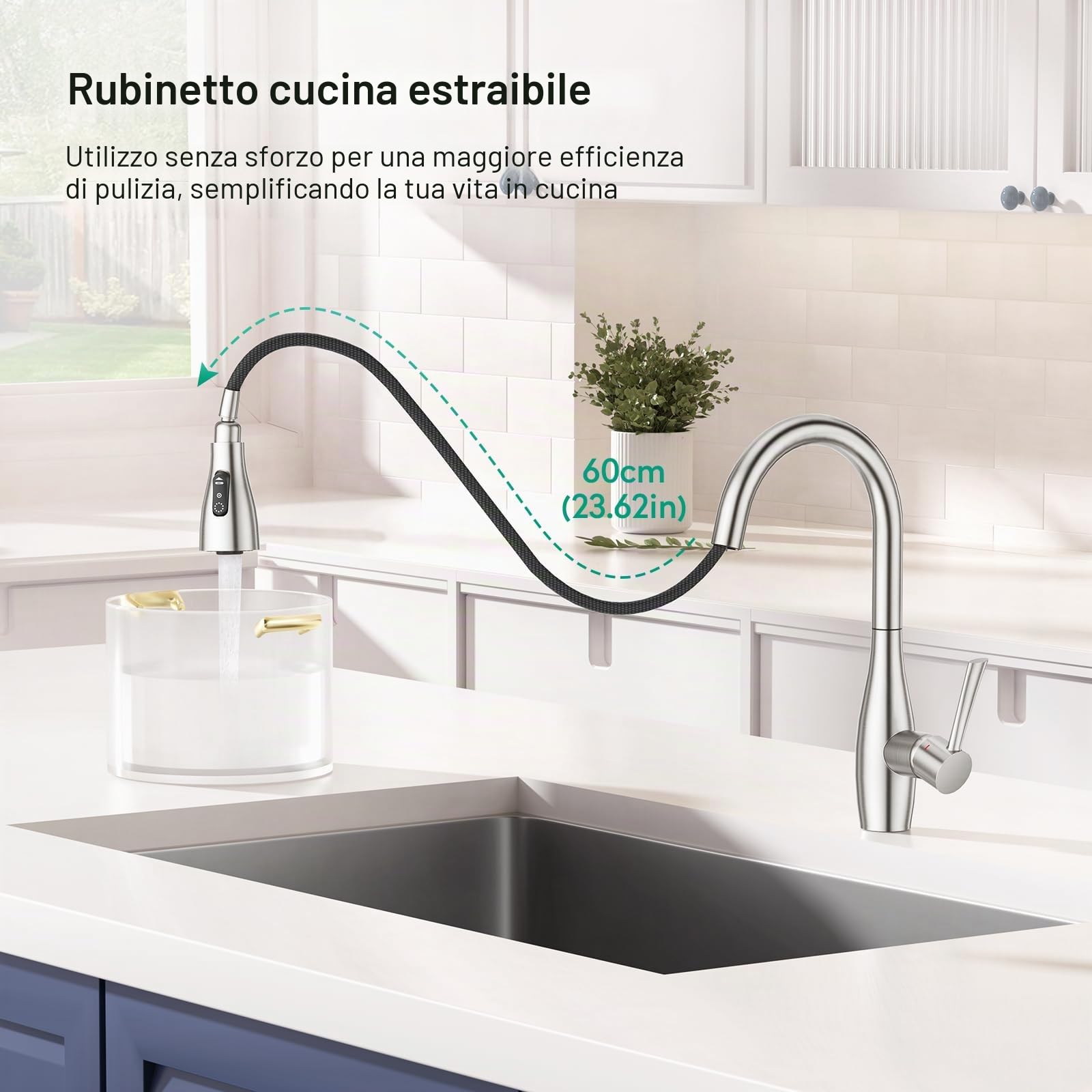 CREA Rubinetto Cucina con Doccetta Estraibile, Miscelatore a 3 Modalità, con Docking Magnetico, Girevole a 360°, Acciaio Inox
