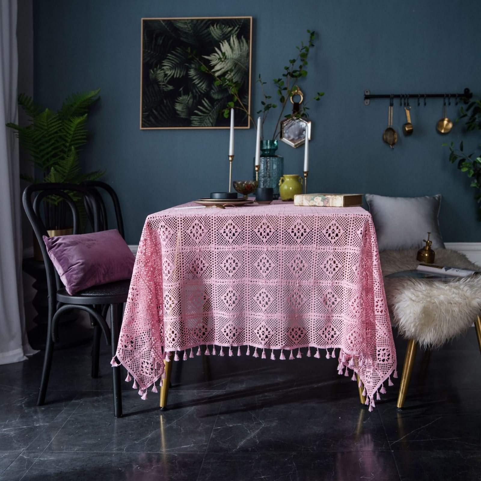 Nappe Table 140x220 cm en Coton, Rose, Nappe Rectangulaire Motif Carreaux Ajouré Style Américain, Toile de Fond Décoration