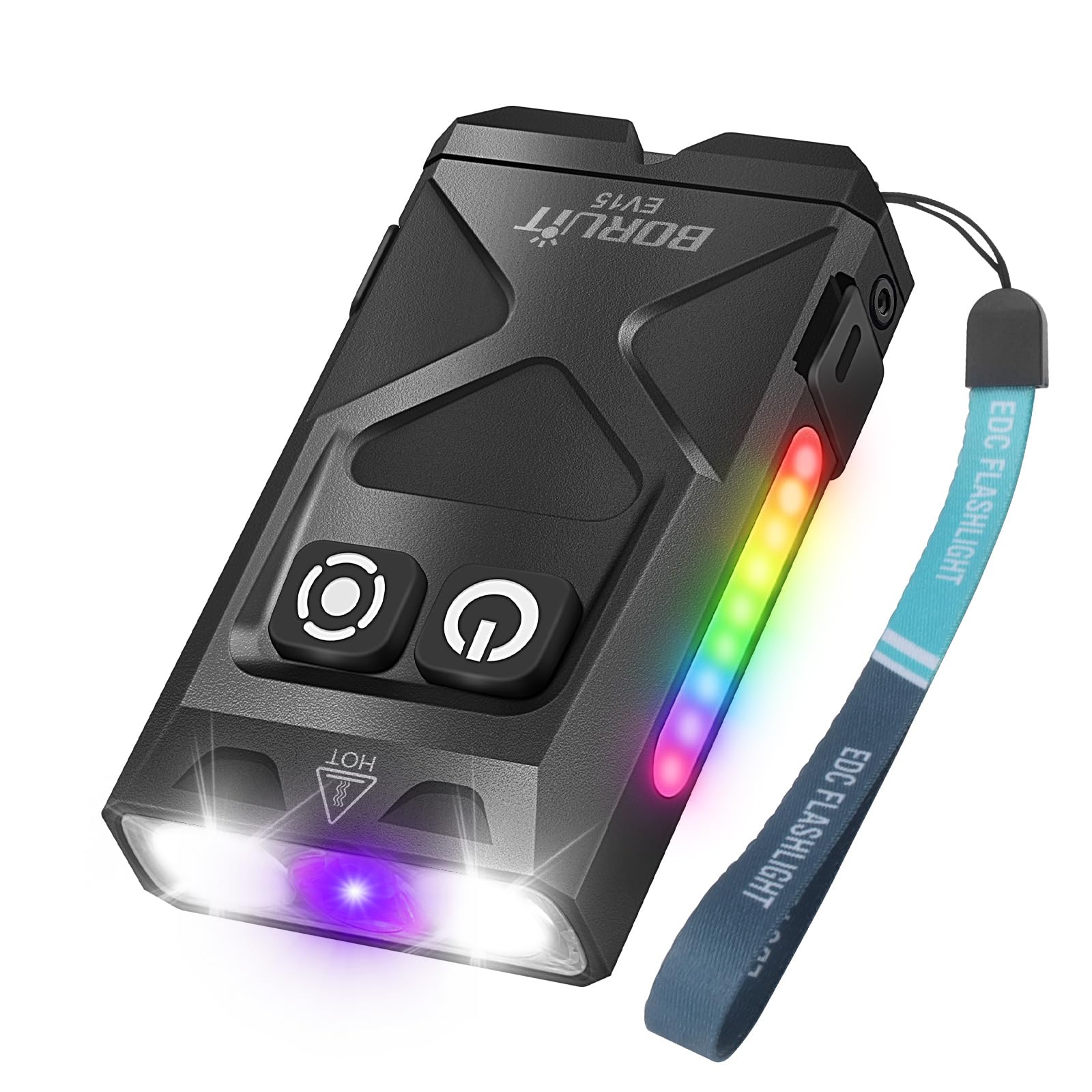 BORUIT EV15 LED Small Powerful EDC Flashlight,1000 Lumen USB-C Rechargeable Mini Keychain Flash Light with 365nm UV & RGB Side Light,IP65 Waterproof,