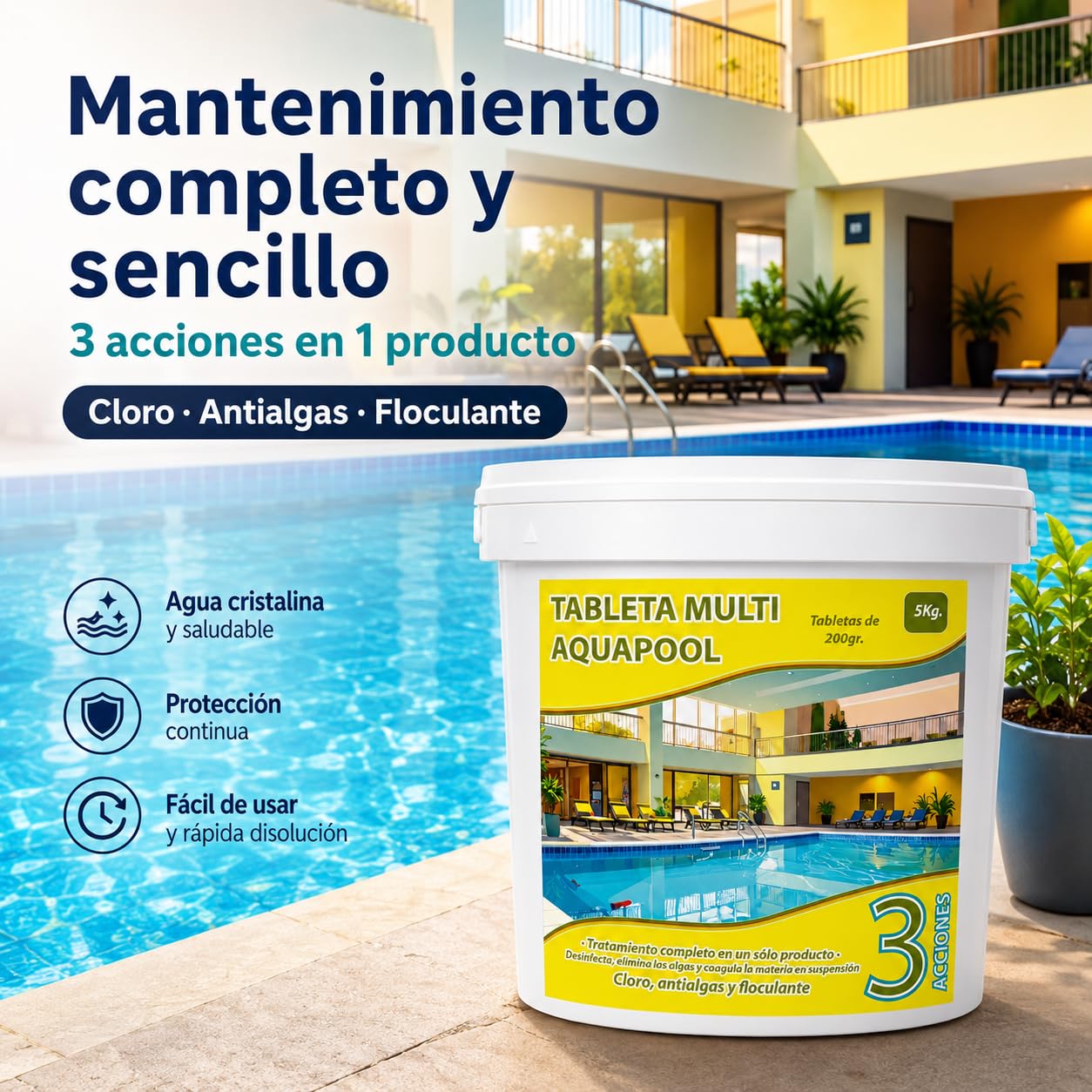 Pastillas de Cloro multifunción 200 Gramos 3 acciones 5 KG - Apto para Liner no Contiene Cobre